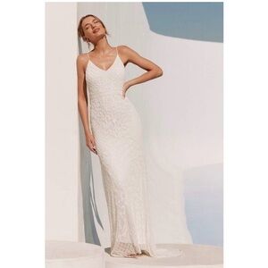 NWT Lulus Bridal Cherished Vow White Beaded Backless Mermaid Wedding Gown Dress